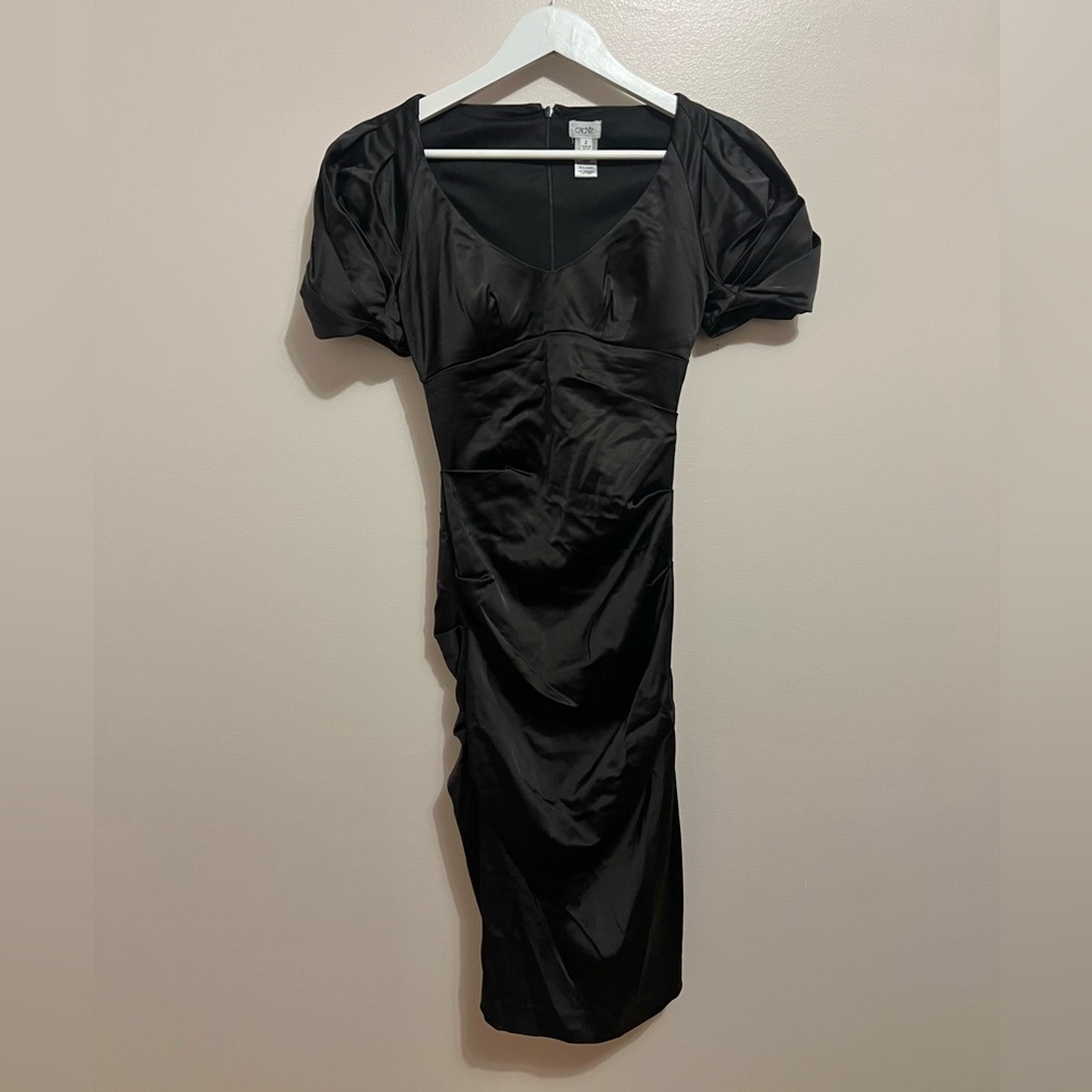 Cache Black Ruched Midi Bodycon Dress with Puff Sleeves